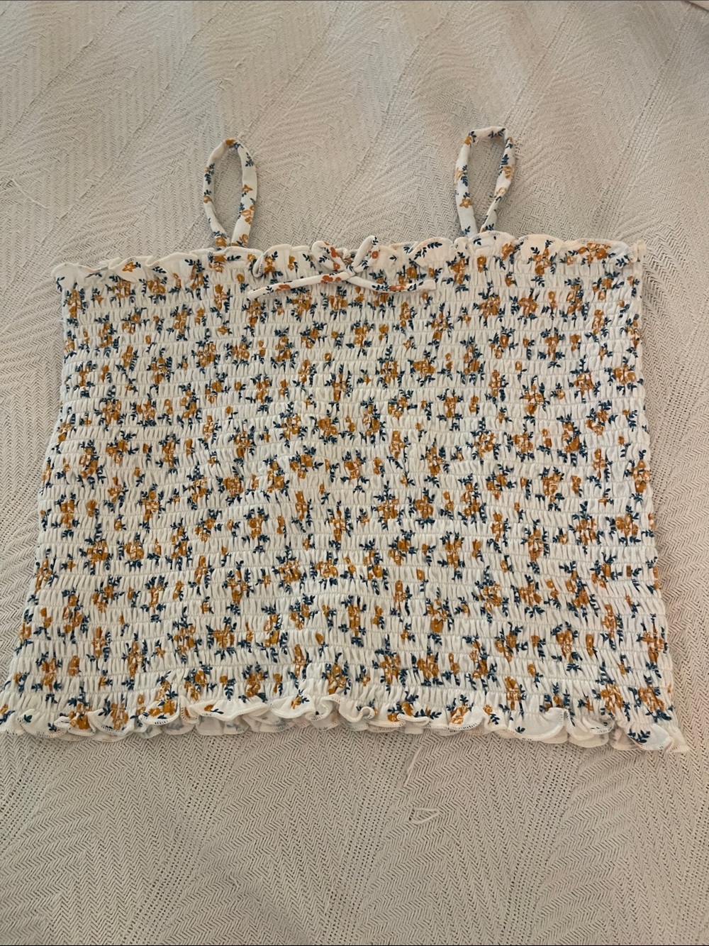 Smocked Floral Cami Tank Top - White with Mustard Floral
